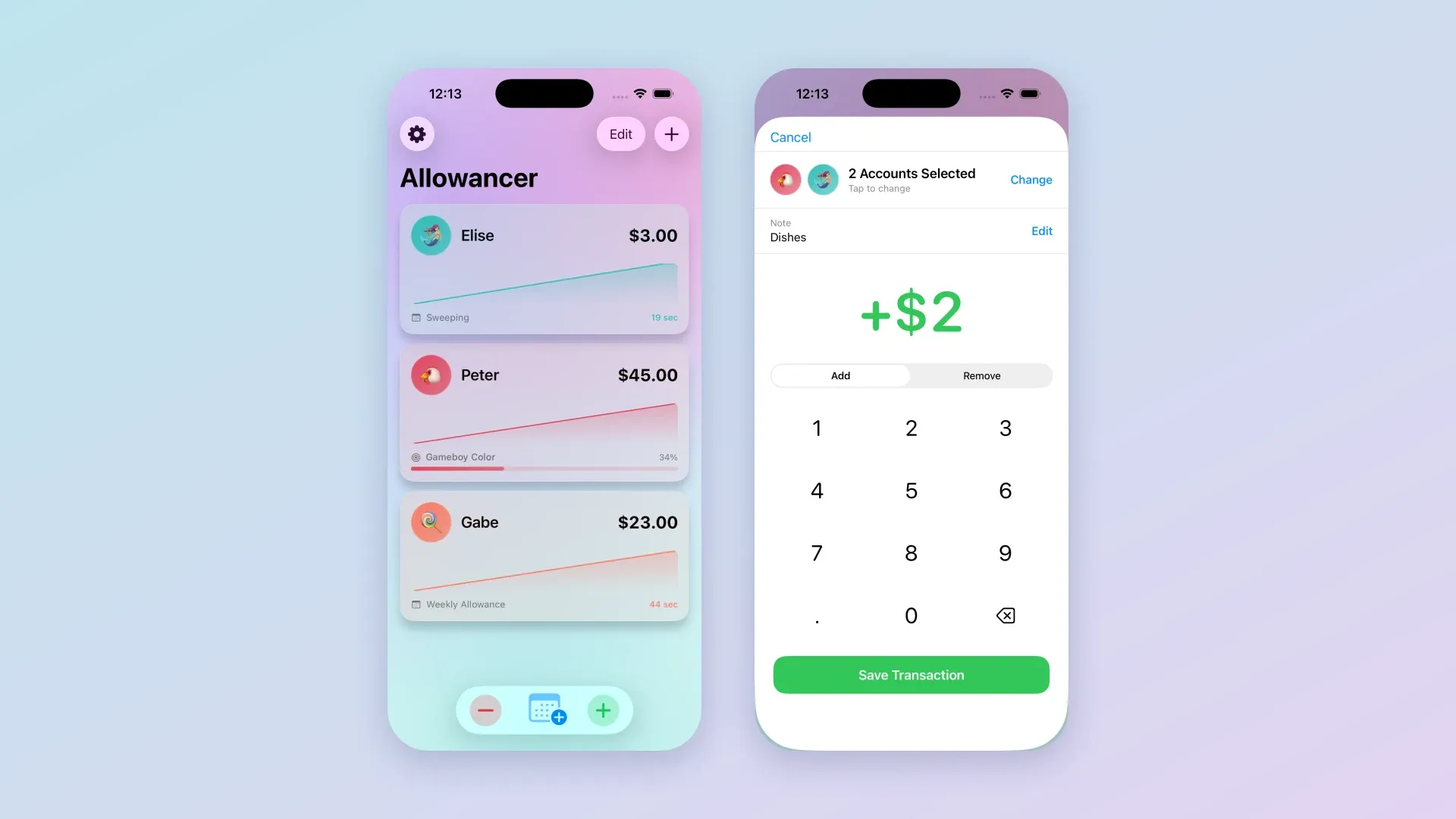 The Allowancer home screen with three accounts, and adding money to two accounts with the keypad