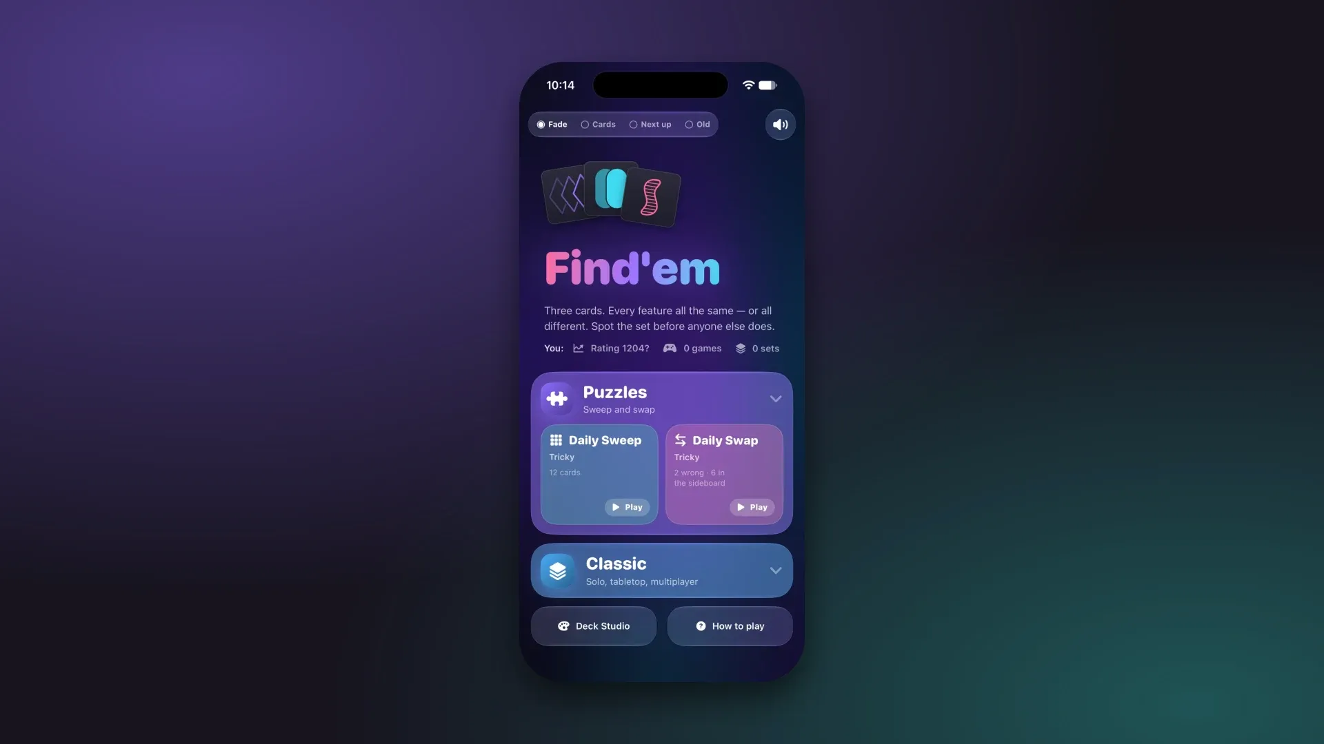 The Find-em home screen with the Classic mode