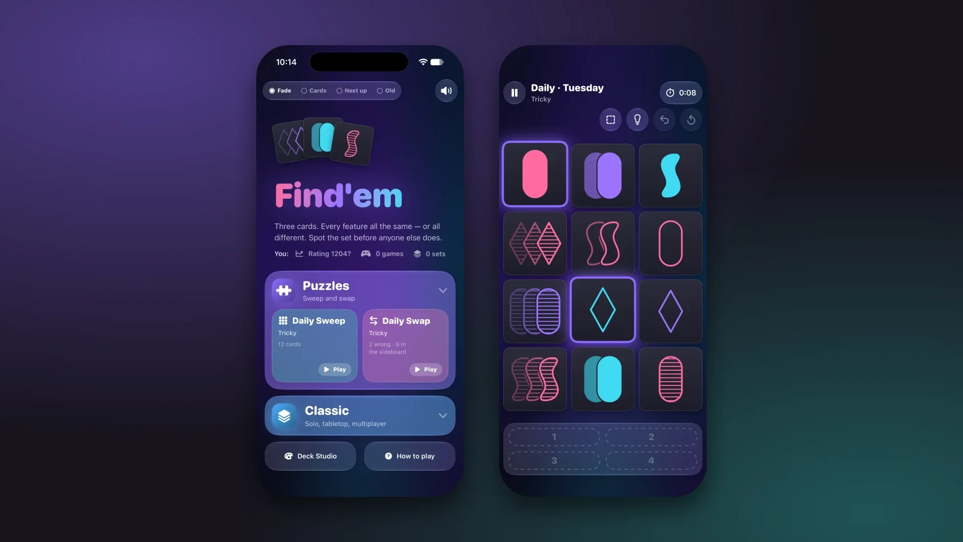 The Find-em home screen with the daily puzzles, and a daily puzzle in progress