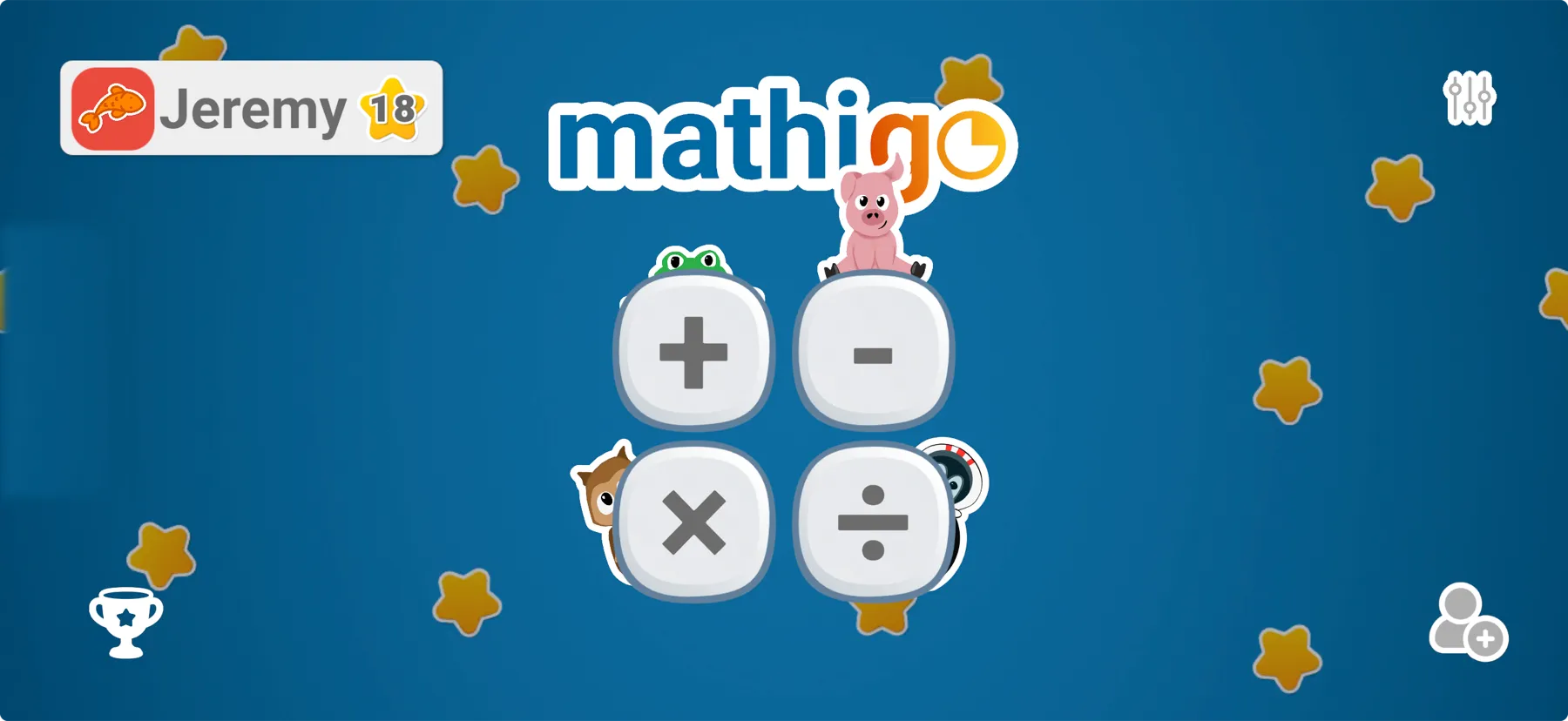 The Mathigo home screen with four operation buttons and friendly animal characters