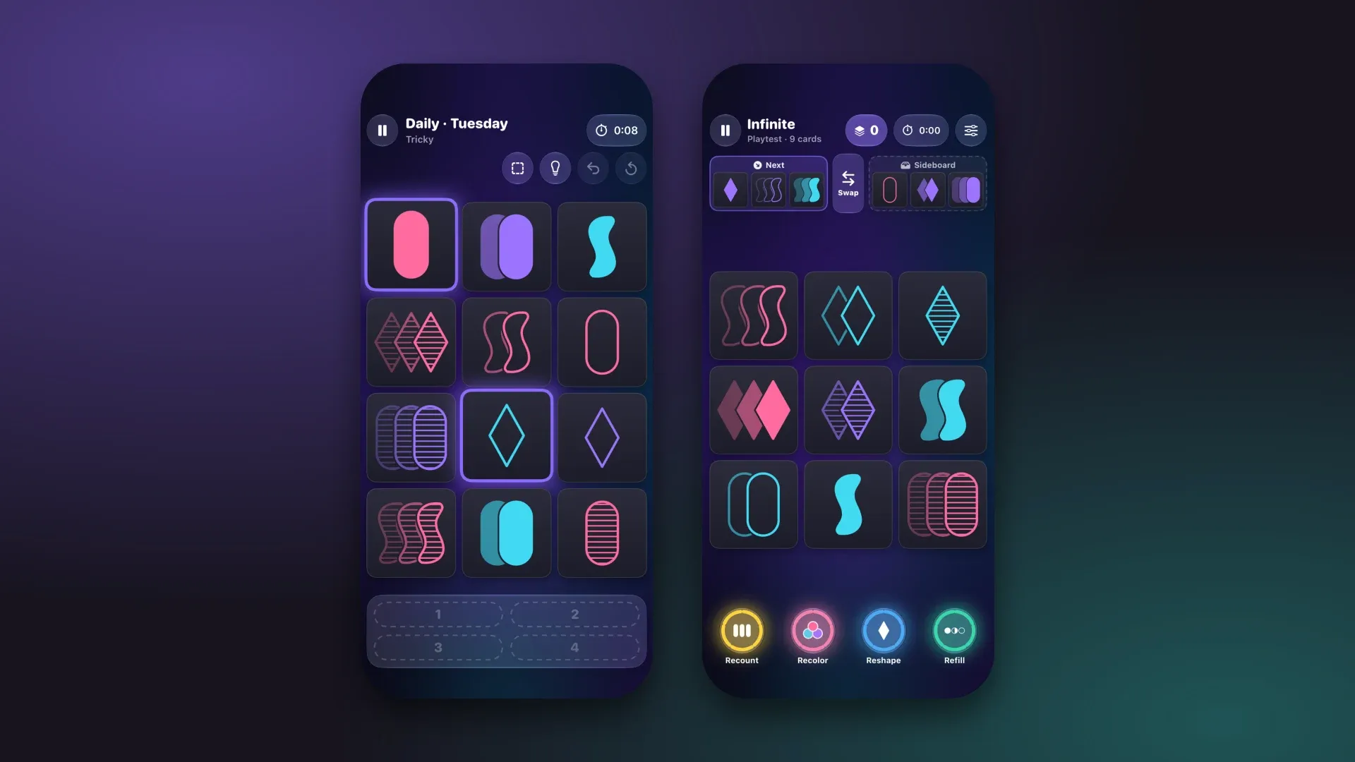 Find-em Infinite mode with power-ups, the next row of cards and a sideboard