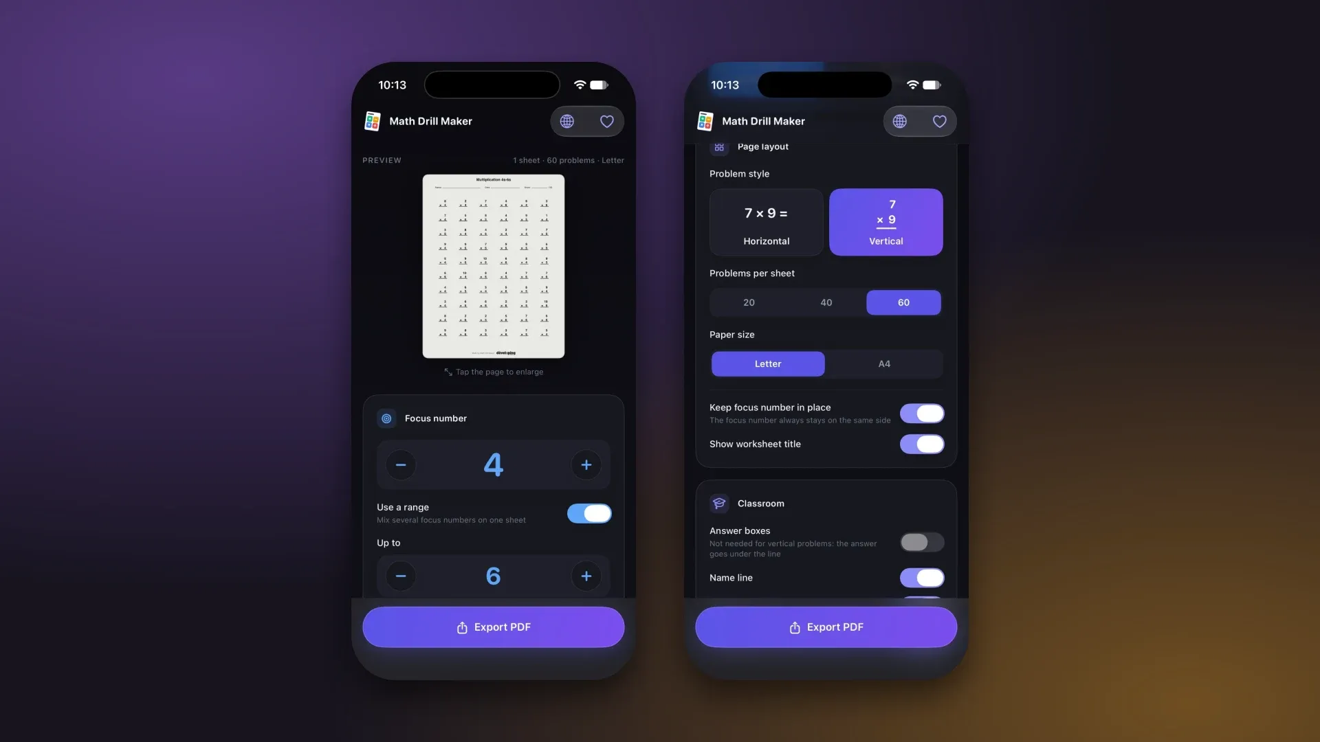 The sheet preview with an Export PDF button