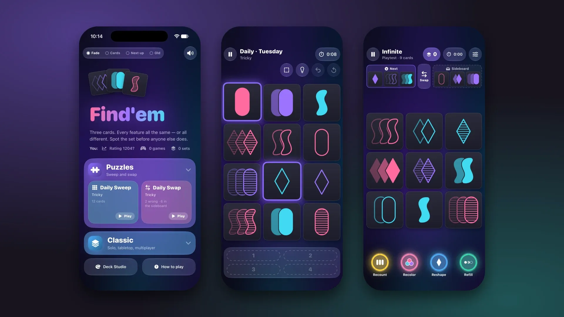 Three Find-em screens, the home screen, a daily puzzle and Infinite mode