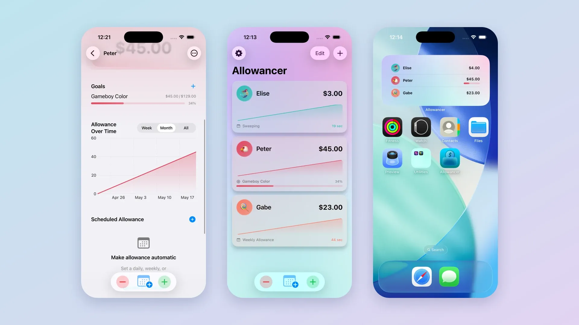 Three Allowancer screens: an account with a savings goal and allowance chart, the home screen with three accounts, and the home screen widget