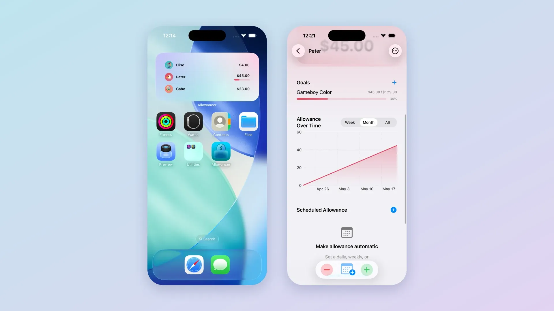 The Allowancer widget on an iPhone home screen, and an account's savings goal and allowance chart